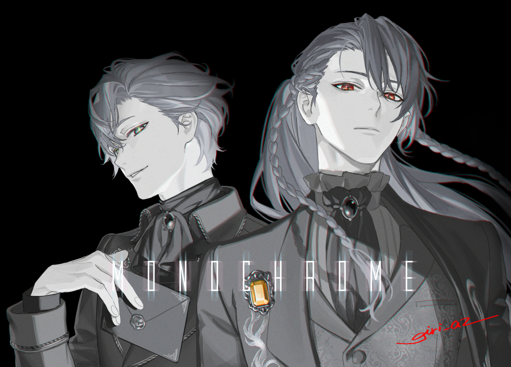 2boys, alternate_costume, alternate_hairstyle, arthur_grandwell, artist_name, ascot, black_background, blue_eyes