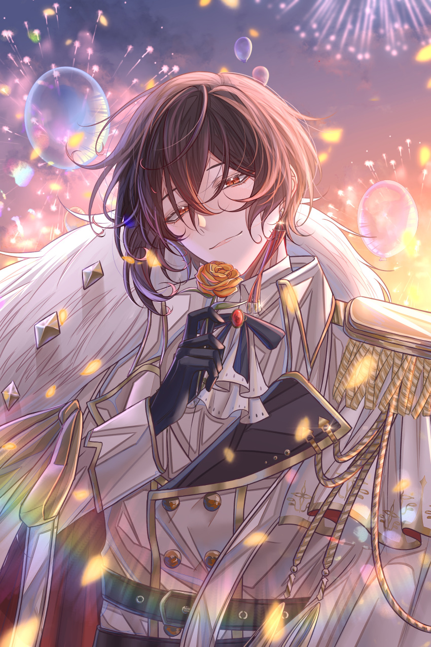 1boy, absurdres, aerial_fireworks, aiguillette, ascot, asymmetrical_sidelocks, ayn_alwyn, ayn_alwyn_(godheim)