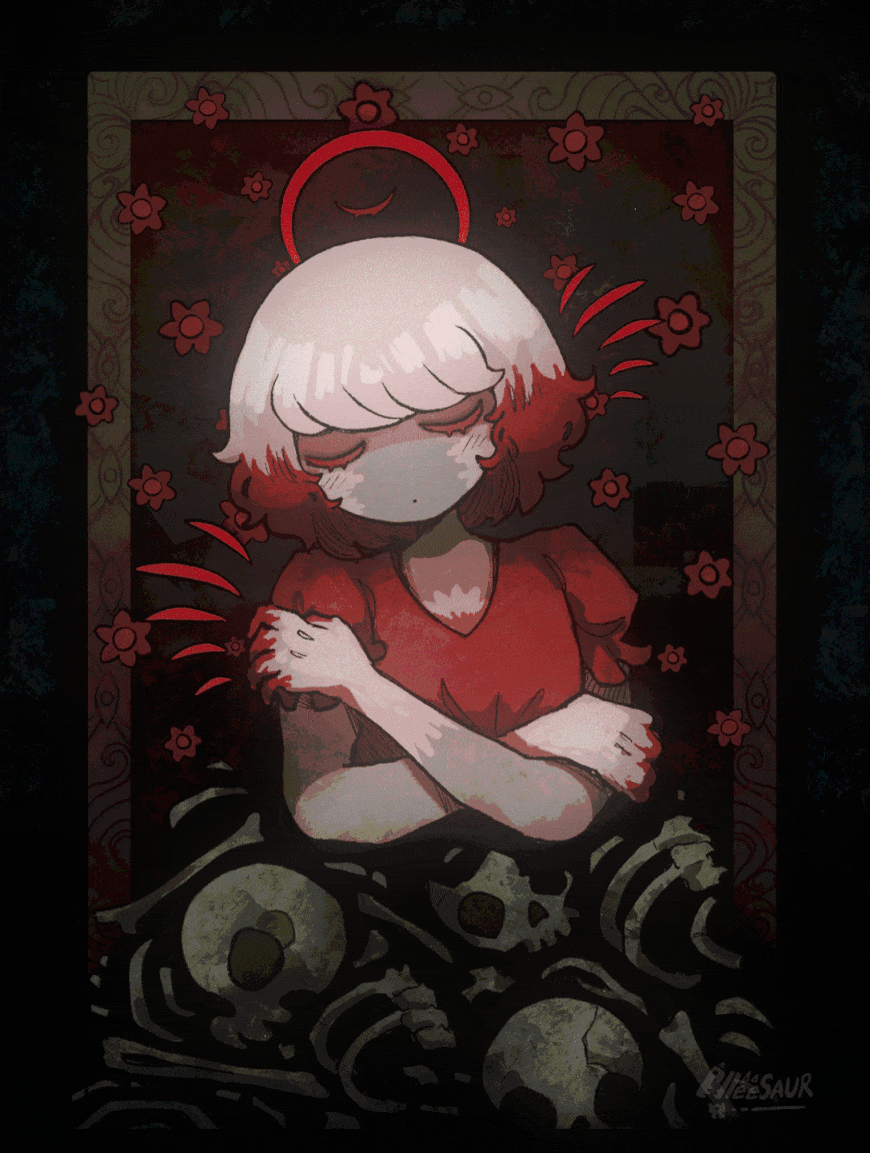 1girl, alleesaur, animated, animated_gif, black_background, blooming, closed_mouth, closing_eyes, colored_skin, commentary, crossed_arms, english_commentary, extra_eyes, flower, grey_skin, looking_to_the_side, medium_hair, opening_eyes, original, red_hair, red_shirt, shirt, skeleton, solo, upper_body, white_eyes, white_hair