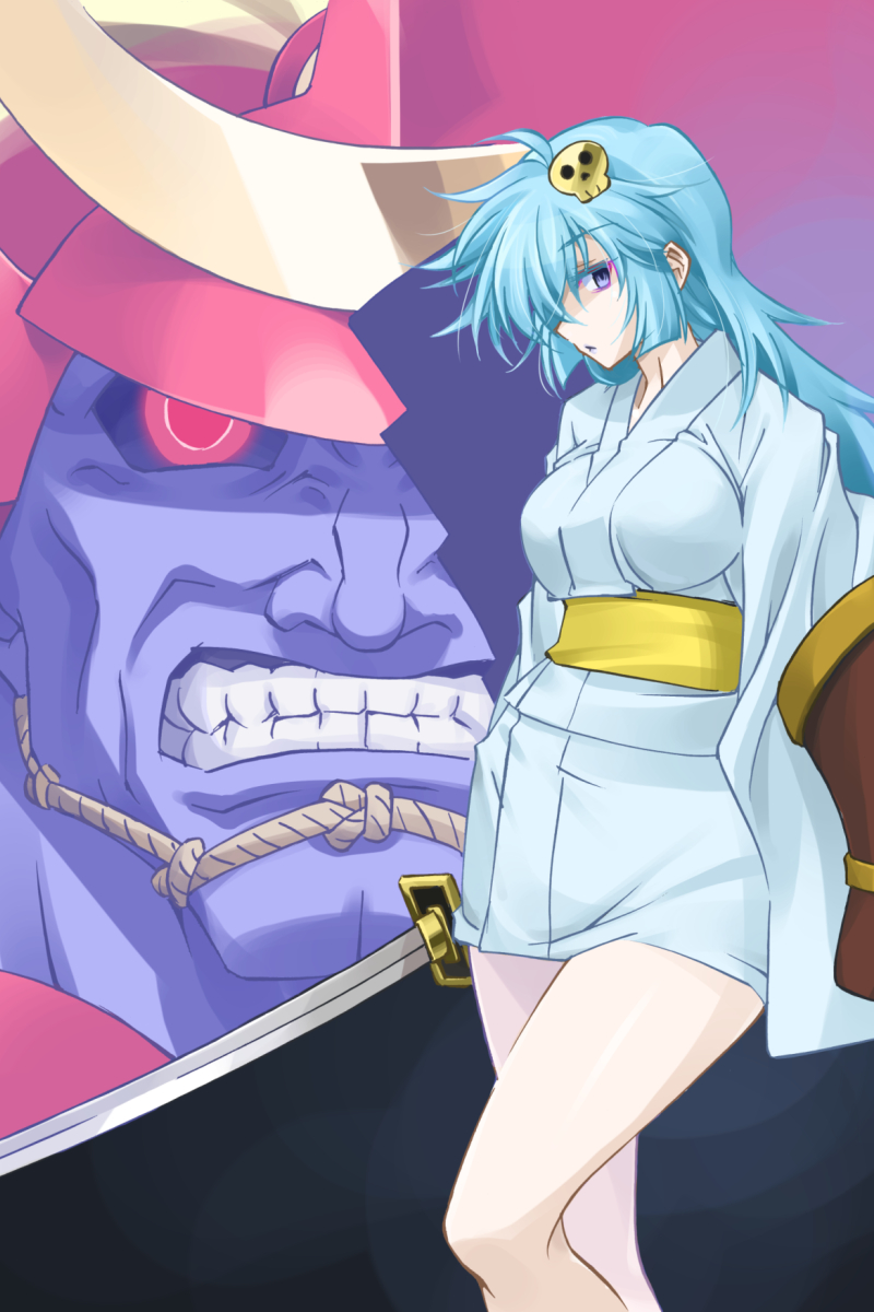 1boy, 1girl, armor, bishamon_(darkstalkers), black_sclera, blue_eyes, blue_hair, blue_skin