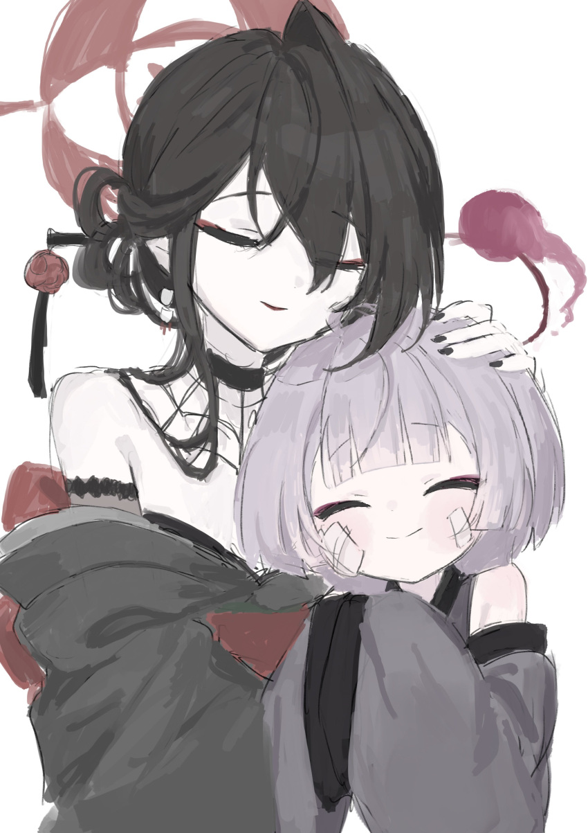 2girls, absurdres, bandaid, bandaid_on_cheek, bandaid_on_face, black_hair, black_nails, blue_archive