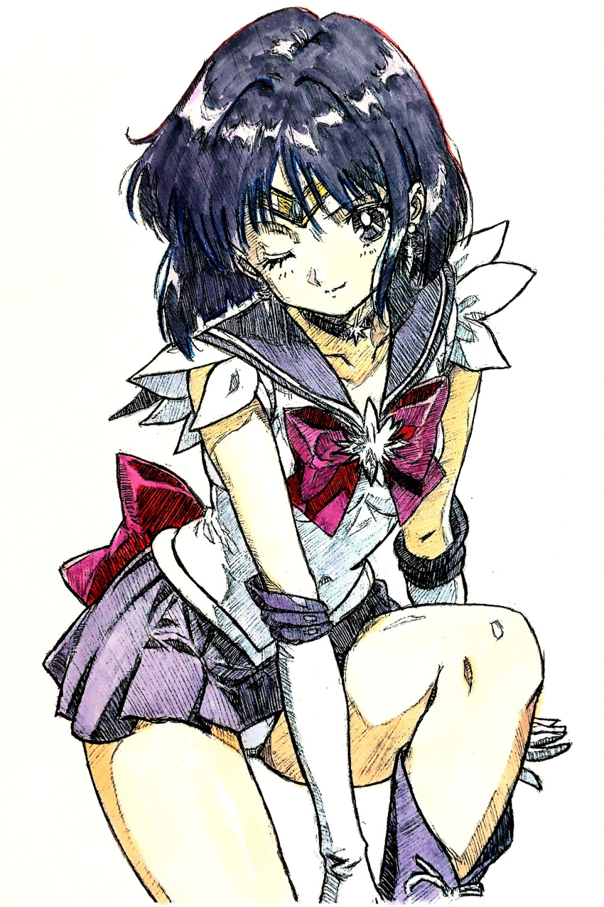 1girl, absurdres, bishoujo_senshi_sailor_moon, black_hair, boots, bow, bowtie, brooch, choker, crystal_earrings, earrings, elbow_gloves, gloves, graphite_(medium), highres, i4teruz, jewelry, knee_boots, medium_hair, one_eye_closed, panties, panty_peek, pleated_skirt, purple_boots, purple_choker, purple_sailor_collar, purple_skirt, red_bow, red_bowtie, sailor_collar, sailor_saturn, sailor_senshi_uniform, skirt, smile, solo, star_brooch, tomoe_hotaru, traditional_media, underwear, violet_eyes
