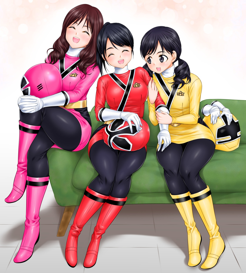3girls, :d, ^_^, abe_tsukumo, animification, assault_visor, belt, belt_buckle