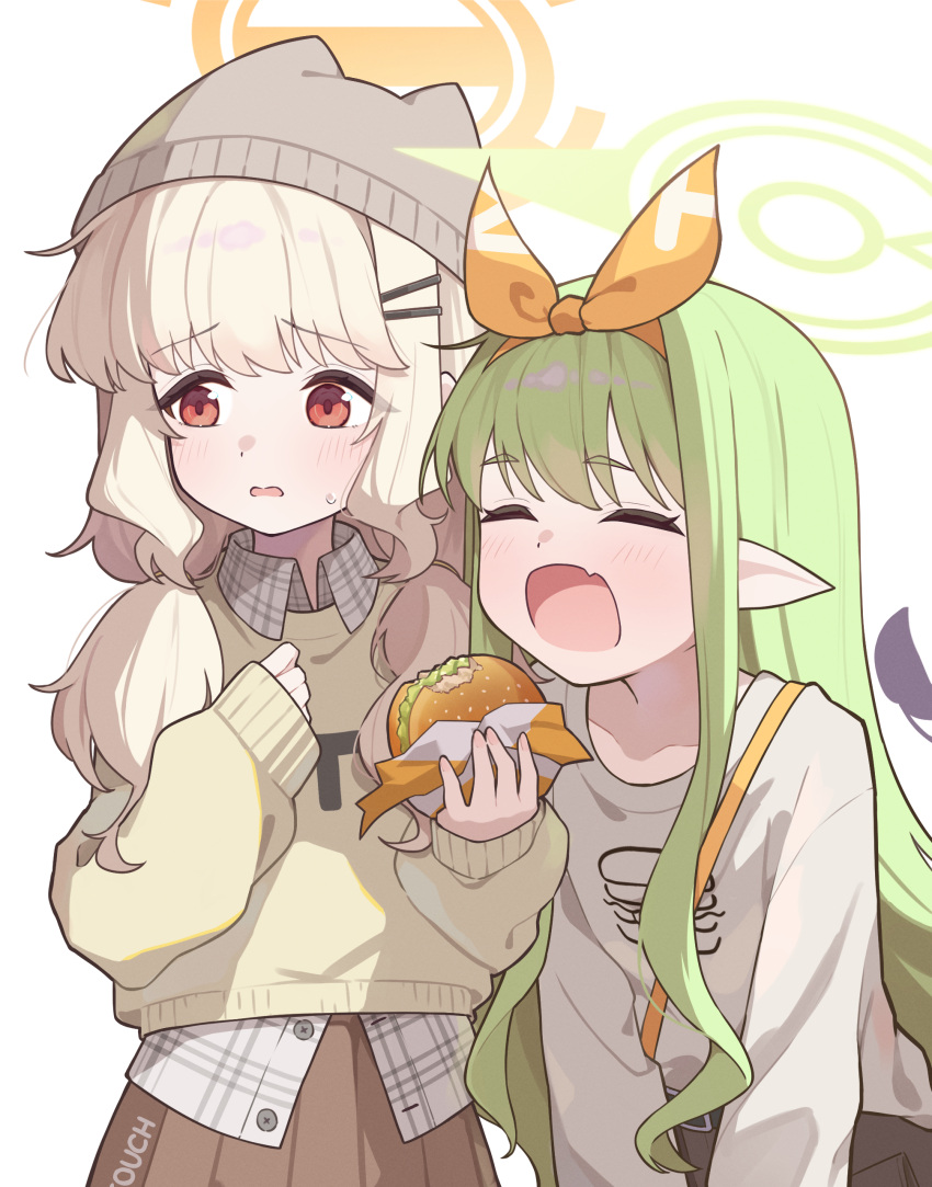 2girls, absurdres, aoba_(blue_archive), aoba_(mom's_touch)_(blue_archive), beanie, blue_archive, closed_eyes, food