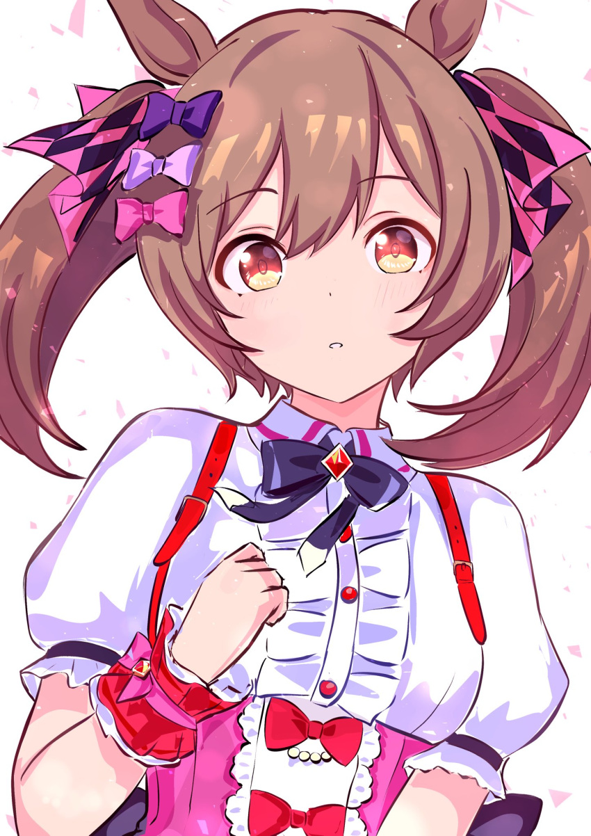 1girl, animal_ears, blush, bow, breasts, brown_eyes, brown_hair, center_frills