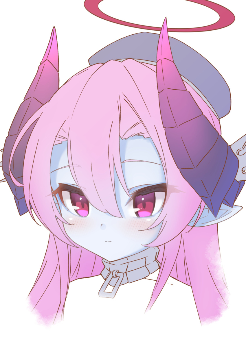 1girl, absurdres, asmodeus_(eco), beret, blue_hat, blue_skin, choker, colored_skin, cropped_shoulders, demon_girl, demon_horns, emil_chronicle_online, grey_choker, halo, hat, highres, horns, long_hair, pink_hair, pink_horns, pointy_ears, red_eyes, red_halo, silver-index, solo, white_background