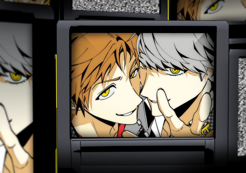 2boys, absurdres, close-up, crt, grey_hair, hanamura_yousuke, highres, looking_at_viewer