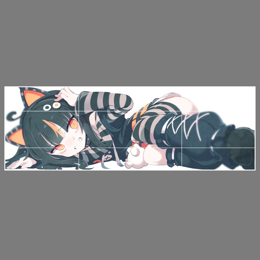 1girl, ahoge, animal_ear_headphones, animal_ears, black_hair, black_hoodie, black_socks, cat_ear_headphones, cat_ears, clenched_teeth, curled_up, eyeball_hair_ornament, fake_animal_ears, headphones, highres, hime_cut, hood, hoodie, lying, mahou_shoujo_no_majo_saiban, manobo, meme, on_side, orange_eyes, orange_streaks, sawatari_koko, scared, socks, solo, striped_clothes, striped_thighhighs, stuffed_animal, stuffed_toy, teeth, thigh-highs, twitter_header_won't_fit_(meme)