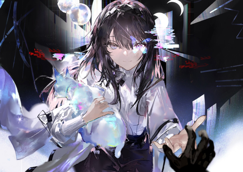 1girl, 1other, arknights, black_gloves, black_hair, black_hairband, black_skirt, chiaspicy, closed_mouth, coat, cowboy_shot, diamond-shaped_pupils, diamond_(shape), gloves, hairband, highres, id_card, lab_coat, long_hair, long_sleeves, looking_at_viewer, priestess_(arknights), skirt, smile, solo_focus, sweater, symbol-shaped_pupils, turtleneck, turtleneck_sweater, upper_body, violet_eyes, white_coat, white_sweater