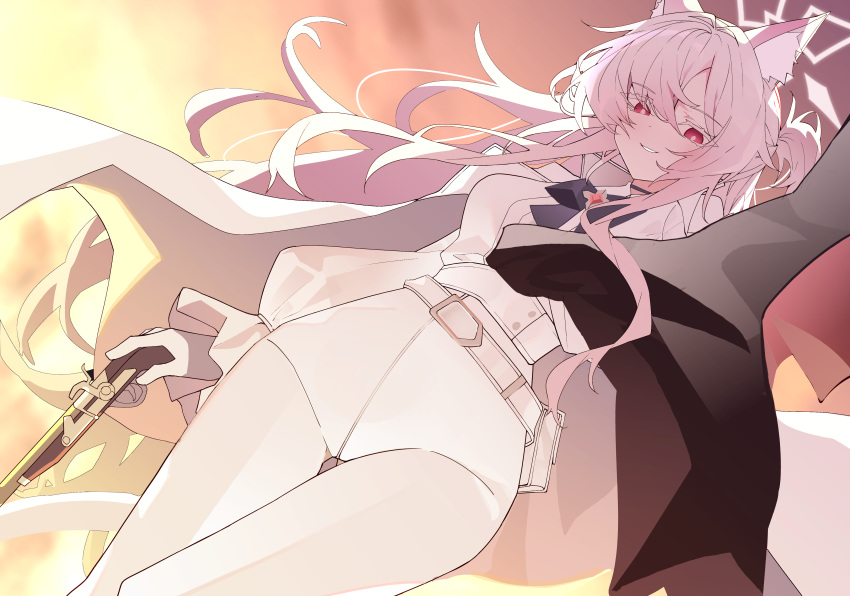 absurdres, akira_(blue_archive), animal_ear_fluff, animal_ears, belt, blue_archive, blue_ribbon, cane_gun