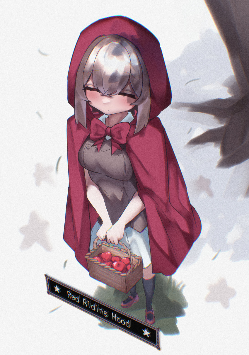 1girl, absurdres, apple, basket, black_socks, bow, bowtie, brown_vest, cape, character_name, closed_eyes, closed_mouth, cosplay, expressionless, food, foreshortening, from_above, fruit, full_body, gameplay_mechanics, grey_hair, highres, holding, holding_basket, hood, hood_up, jahe_png, kneehighs, little_red_riding_hood_(fairy_tale), little_red_riding_hood_(fairy_tale_character), little_red_riding_hood_(fairy_tale_character)_(cosplay), mary_janes, pink_shoes, red_bow, red_bowtie, red_cape, shirt, shoes, short_hair, sidelocks, skirt, socks, solo, urotsuki, vest, white_shirt, white_skirt, yume_2kki