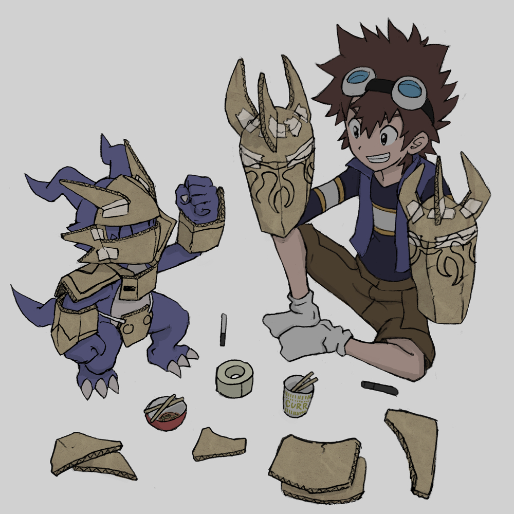 2boys, blue_shirt, blue_vest, brown_hair, brown_shorts, cardboard, cardboard_costume, cosplay