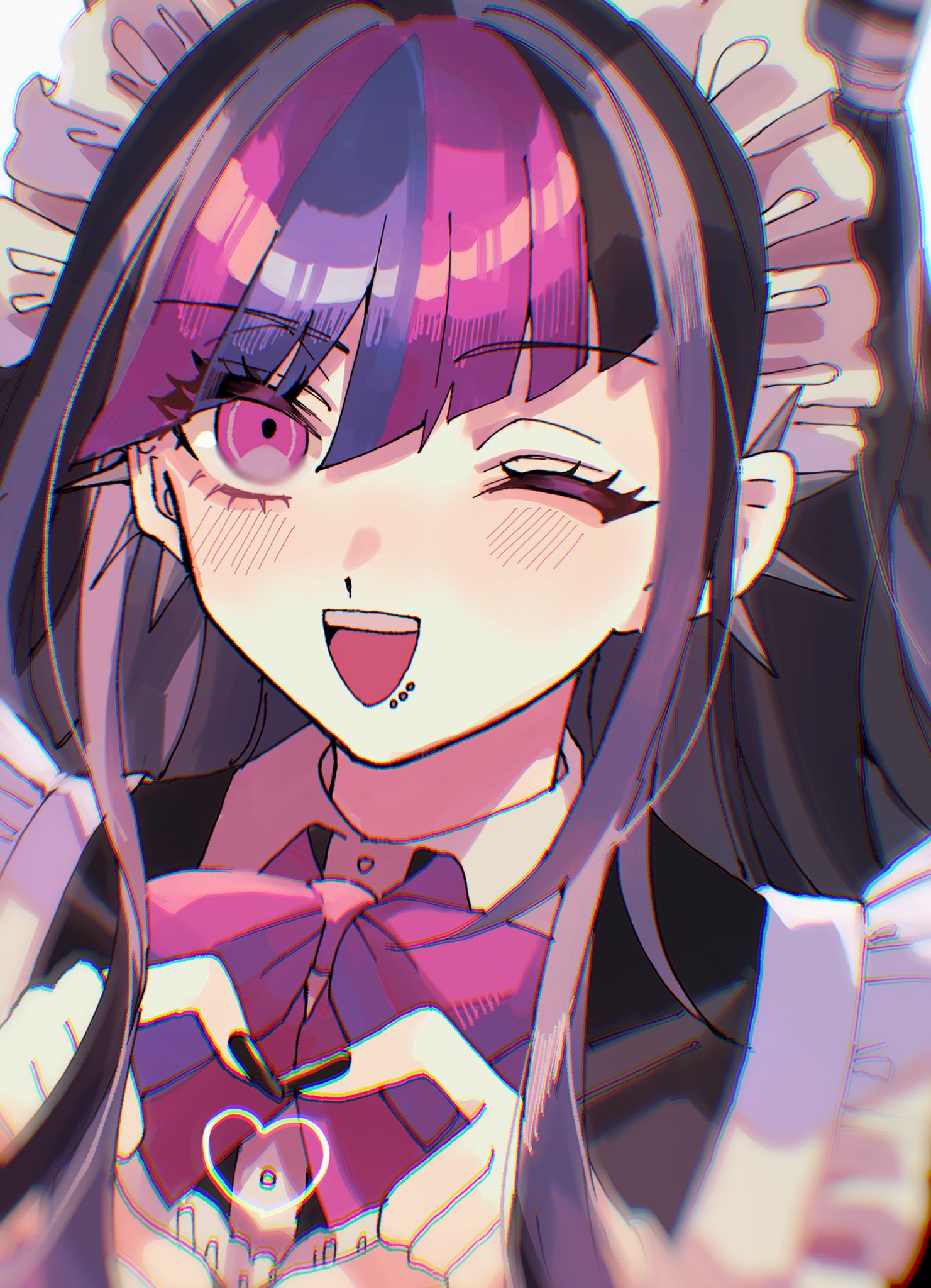1girl, :d, alternate_costume, black_hair, black_nails, blue_streaks, blush, bow
