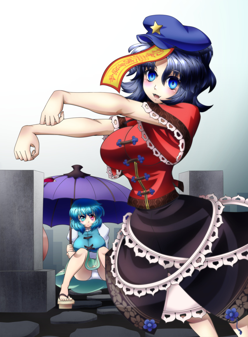 absurdres, beret, blue_eyes, blue_hair, breasts, fangs, geta, geung_si