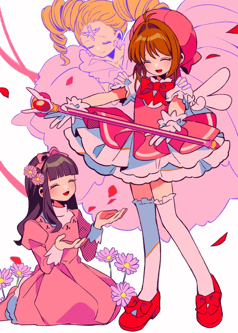 3girls, :d, ^_^, black_hair, blonde_hair, blunt_bangs, blush, bow, bowtie, brown_hair, cardcaptor_sakura, closed_eyes, closed_mouth, commentary, daidouji_tomoyo, dress, drill_hair, flower, flower_(clow_card), footwear_bow, frilled_dress, frills, full_body, gloves, hair_flower, hair_ornament, hat, kinomoto_sakura, long_hair, multiple_girls, open_mouth, pink_dress, pink_flower, pink_hat, red_bow, red_bowtie, red_shoes, sanamaru_(sana79261827), shoes, short_hair, short_sleeves, sitting, smile, standing, symbol-only_commentary, thigh-highs, twin_drills, white_gloves, white_thighhighs