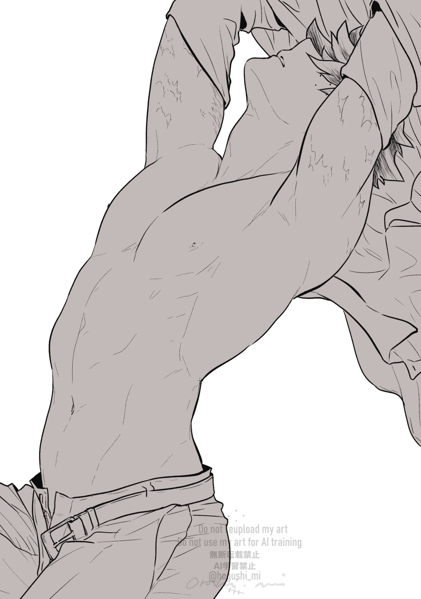1boy, absurdres, armpits, belt, boku_no_hero_academia, greyscale, highres, male_focus