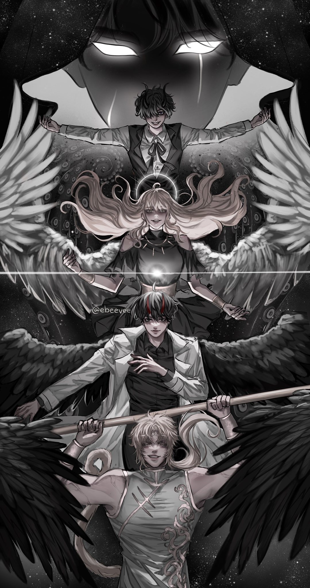 1girl, 1other, 3boys, abyssal_black_flame_dragon_(omniscient_reader's_viewpoint), bags_under_eyes, bangle, black_eyes, black_hair