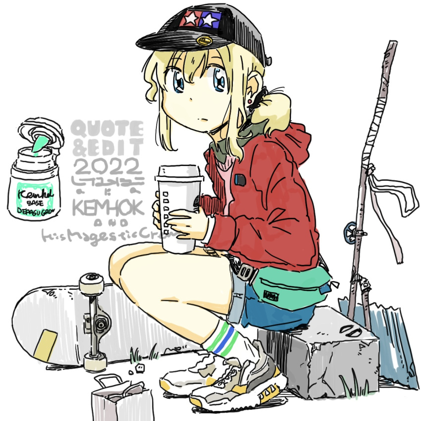 1girl, 2020s, 2022, artist_name, baseball_cap, black_hat, blank_expression, blonde_hair