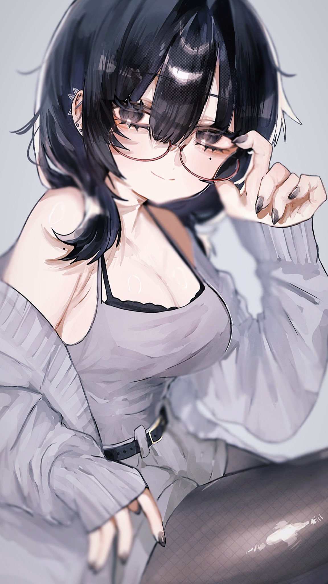 1girl, adjusting_eyewear, barbell_piercing, bare_shoulders, belt, black_bra, black_eyes, black_hair
