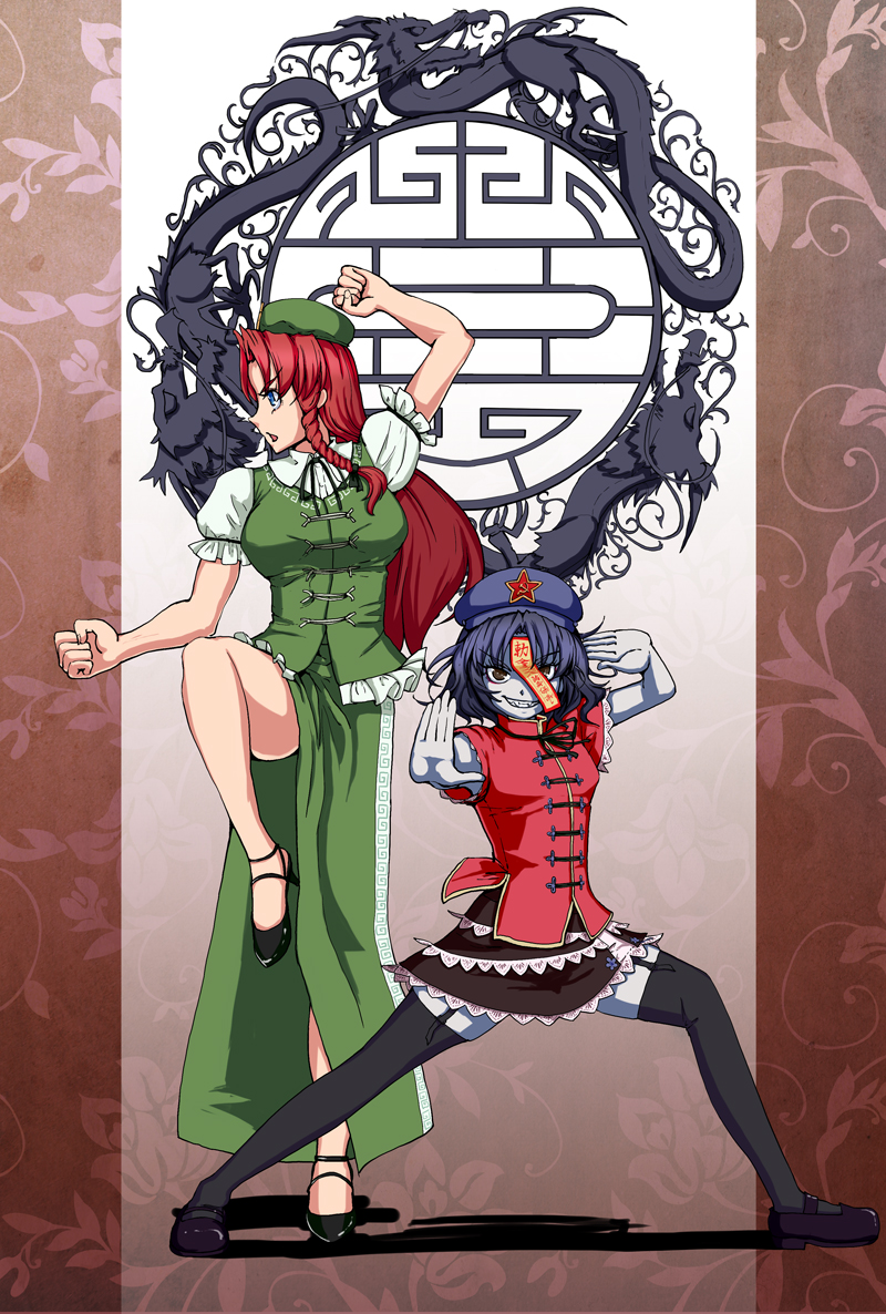 beret, blue_eyes, blue_hair, braid, chinese_clothes, communism, dragon, dress