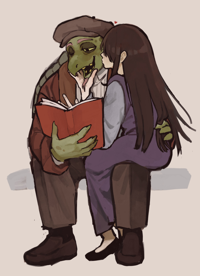 1boy, 1girl, absurdres, black_shoes, brown_hair, brown_pants, brown_shoes, colored_sclera, colored_skin, colored_teeth, couple, dress, gerson_boom, green_skin, grey_background, hand_on_another's_face, heart, hetero, highres, jacket, long_hair, minominoks, pants, purple_dress, red_jacket, shirt, shoes, sitting, sitting_on_lap, sitting_on_person, smile, turtle_boy, undertale, utdr_(toby_fox), white_shirt, yellow_sclera, yellow_teeth