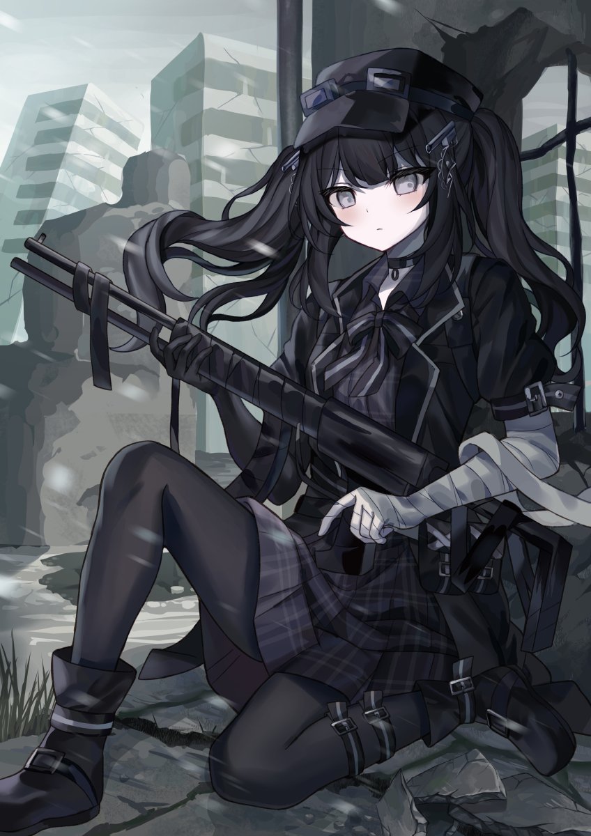 ammunition_pouch, bandaged_arm, bandages, black_choker, black_dress, black_gloves, black_hat, black_pantyhose