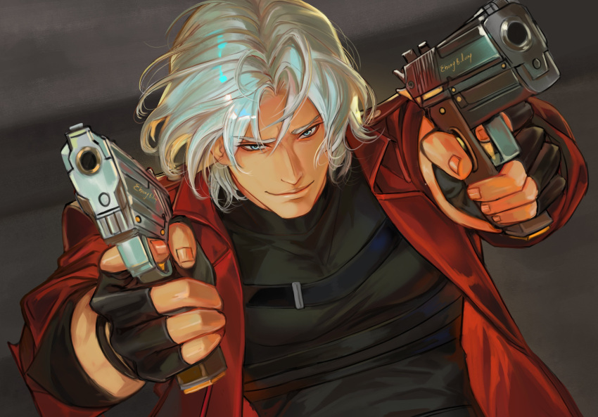 1boy, absurdres, aiming, aiming_at_viewer, black_gloves, black_shirt, blue_eyes, chest_belt