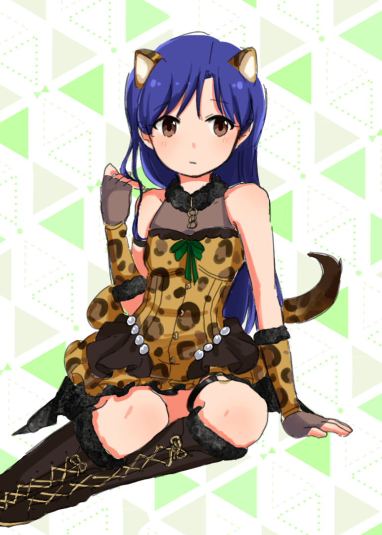 1girl, alternate_costume, animal_ears, animal_print, archive_(user_ufsk2755), blue_hair, boots, brown_boots