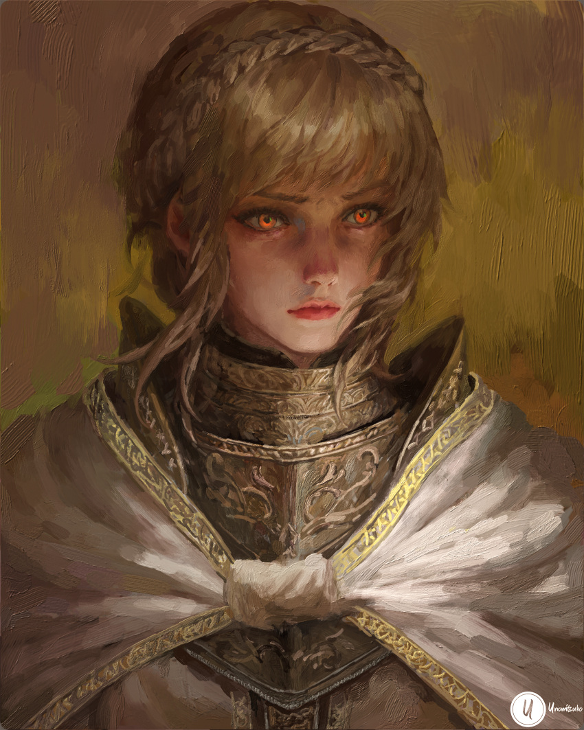 1girl, absurdres, armor, armor_under_clothes, braid, cloak, closed_mouth, commentary