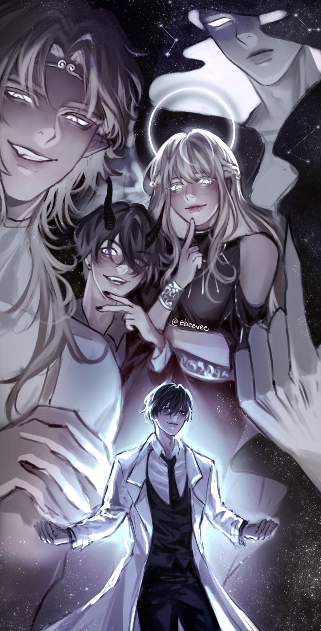 1girl, 4boys, :d, abyssal_black_flame_dragon_(omniscient_reader's_viewpoint), bangle, black_vest, blonde_hair, bracelet