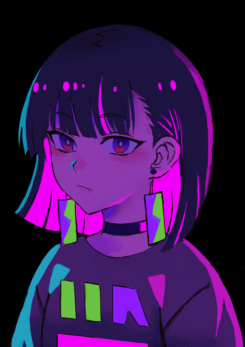1girl, black_background, black_choker, black_hair, blunt_bangs, choker, closed_mouth, colored_inner_hair