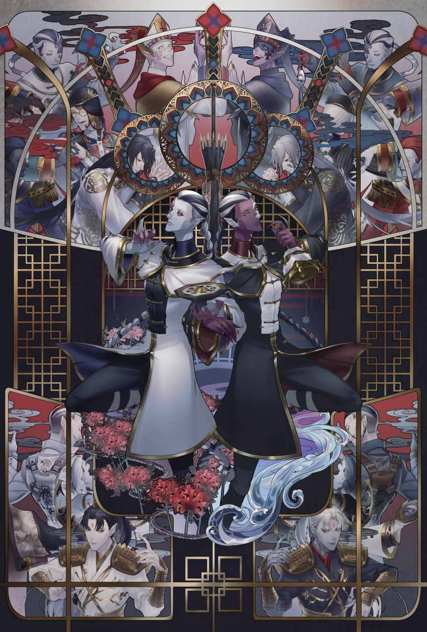 2boys, :p, absurdres, armor, azu_(a23da0317), bell, black_background, black_capelet, black_hair, black_hat, black_pants, black_robe, black_shirt, black_skin, black_vest, black_vs_white, blue_hair, border, braid, bridge, capelet, changpao, chinese_armor, chinese_clothes, chrysanthemum_print, closed_mouth, closed_umbrella, colored_skin, curtained_hair, domino_mask, epaulettes, expressionless, eyewear_strap, facial_tattoo, facing_away, fan_wujiu, fan_wujiu_(broken_blossoms), fan_wujiu_(far_east_wind), fan_wujiu_(flying_guillotine), fan_wujiu_(requiem), feet_out_of_frame, fingernails, floral_print, flower, glasses, gold_armor, gold_trim, grey_background, grey_border, grey_skin, grin, hair_slicked_back, hand_up, hands_up, hat, high_ponytail, highres, holding, holding_bell, huadian, identity_v, lattice, long_hair, long_sleeves, looking_to_the_side, male_focus, mask, mitre, multicolored_hair, multicolored_skin, multiple_boys, multiple_views, object_floating_above_hand, official_alternate_costume, oil-paper_umbrella, outside_border, own_hands_clasped, own_hands_together, pants, parted_bangs, pointy_ears, ponytail, popped_collar, profile, purple_skin, red_background, red_eyes, red_flower, red_hair, robe, round_eyewear, sharp_fingernails, shirt, short_hair, shoulder_armor, sideways_glance, single_braid, sleeve_cuffs, smile, smoke, solid_eyes, spider_lily, standing, standing_on_liquid, streaked_hair, suspenders, symmetrical_hand_pose, symmetrical_pose, symmetry, tangzhuang, tattoo, tongue, tongue_out, two-tone_skin, umbrella, upper_body, vambraces, vest, violet_eyes, white_hair, white_hat, white_robe, white_shirt, white_skin, white_vest, xiao_guan_(headdress), xie_bian, xie_bian_(broken_blossoms), xie_bian_(far_east_wind), xie_bian_(flying_guillotine), xie_bian_(requiem), yellow_capelet, yellow_eyes