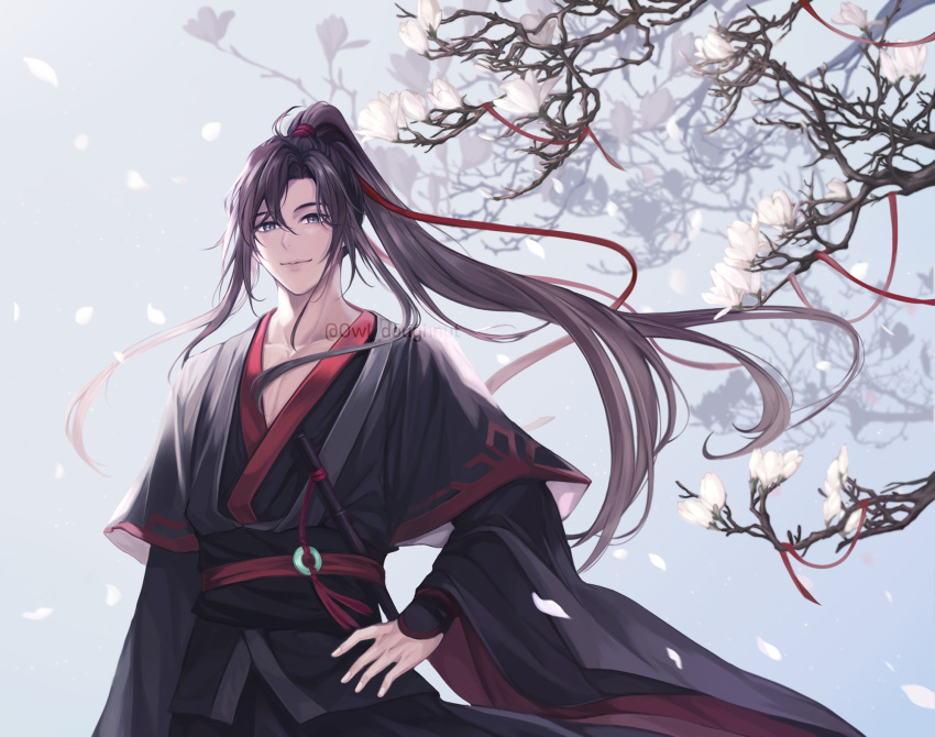 1boy, ahoge, bishounen, black_hair, black_hanfu, black_sash, branch, chenqing_flute