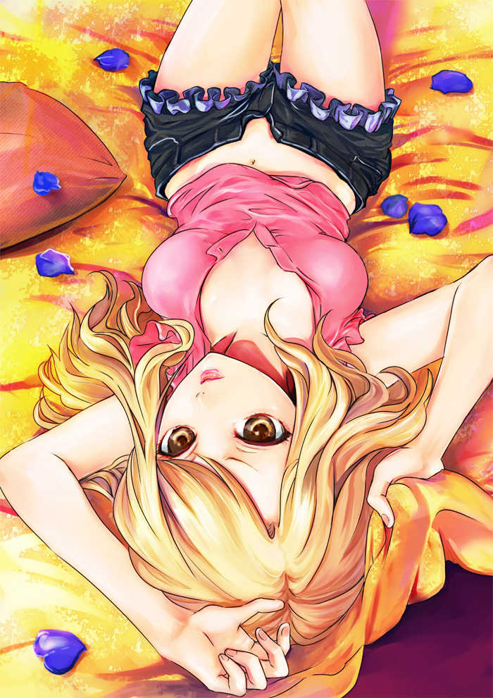 aratako, arms_up, blonde_hair, brown_eyes, denim, denim_shorts, karina_lyle, lips, long_hair, looking_at_viewer, lying, navel, no_bra, on_back, open_shirt, petals, pillow, shorts, solo, tiger_&amp;_bunny, unbuttoned
