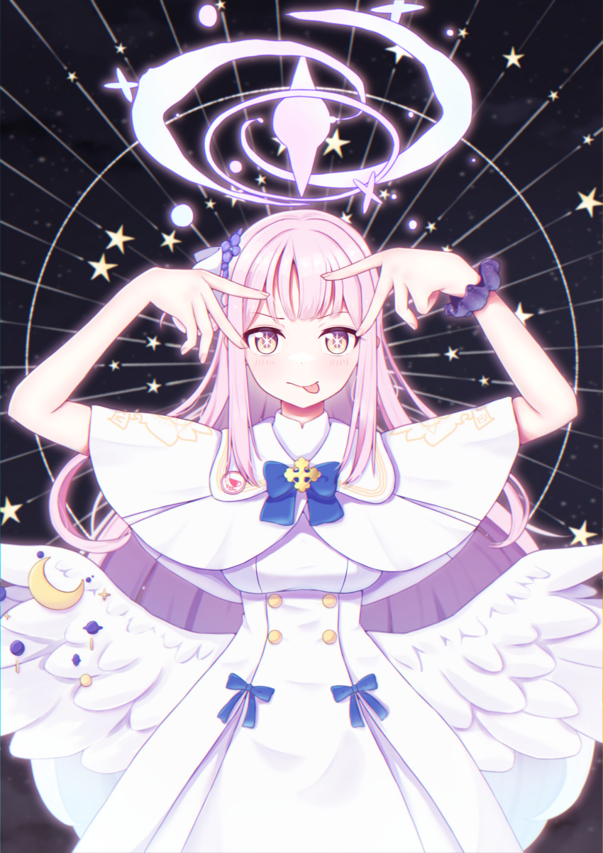 1girl, absurdres, angel_wings, arms_up, blue_archive, blue_bow, blush, bow, breasts, buttons, capelet, closed_mouth, crescent, double-breasted, dress, feathered_wings, flower, frilled_dress, frills, gold_trim, hair_flower, hair_ornament, halo, highres, kominato_haru, long_hair, low_wings, medium_breasts, mika_(blue_archive), oshi_no_ko, pink_hair, pink_halo, pose_imitation, scrunchie, smile, solo, star-shaped_pupils, star_(symbol), symbol-shaped_pupils, white_capelet, white_dress, white_overskirt, white_wings, wing_ornament, wings, wrist_scrunchie