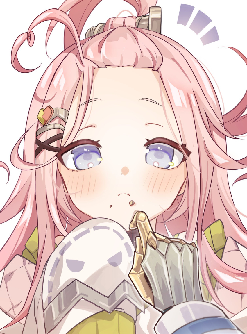aino_(genshin_impact), bangs_pinned_back, blue_eyes, blush, closed_mouth, commentary_request, crumbs, food
