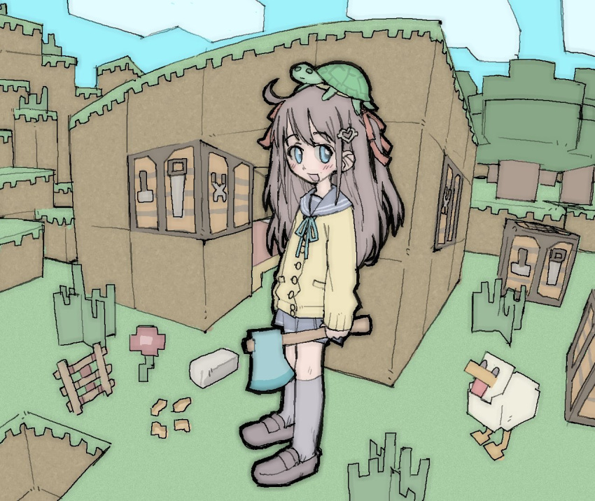 1girl, ahoge, animal_on_head, axe, bird, block_(minecraft), blue_eyes, blue_necktie