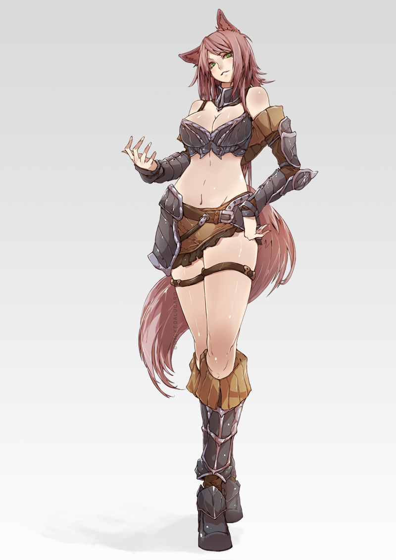 armor, blush, boots, breasts, brown_hair, cleavage, detached_sleeves, fox_ears, green_eyes, hand_on_hip, hips, ian_olympia, long_hair, midriff, navel, original, solo, very_long_hair