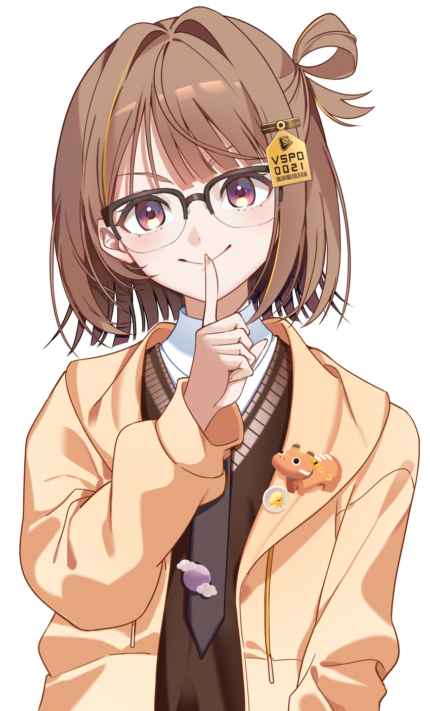 1girl, absurdres, akabeko, black-framed_eyewear, brown_hair, brown_necktie, brown_sweater, closed_mouth, collared_shirt, faker_(gamer), finger_to_mouth, glasses, hair_intakes, hair_ornament, hair_rings, hand_up, highres, hood, hood_down, hooded_jacket, index_finger_raised, jacket, mizoreshi, necktie, open_clothes, open_jacket, over-rim_eyewear, pose_imitation, semi-rimless_eyewear, sendo_yuuhi, sendo_yuuhi_(1st_costume), shirt, short_hair, simple_background, single_hair_ring, smile, solo, sweater, upper_body, violet_eyes, virtual_youtuber, vspo!, white_background, white_shirt, yellow_jacket