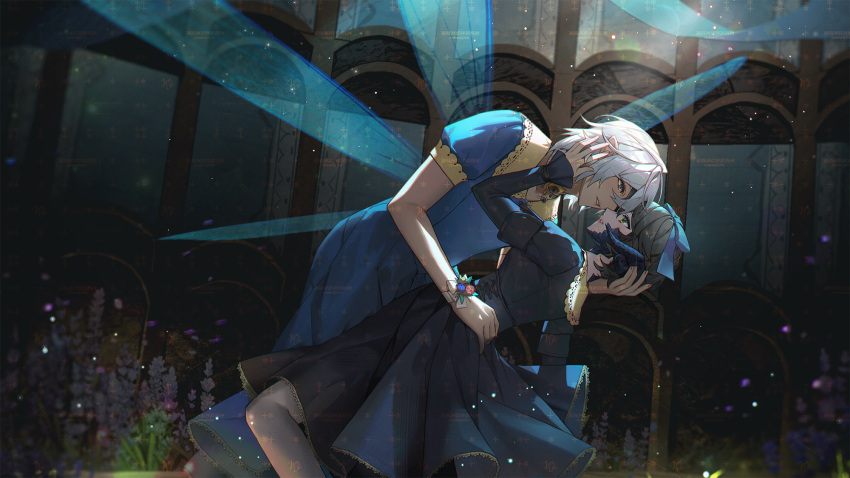 1boy, 1girl, bamcream, black_dress, black_hair, blue_dress, character_request, commentary