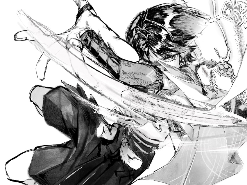 1boy, amoebozoa, arm_up, armor, belt, blunt_ends, bow, bridal_gauntlets
