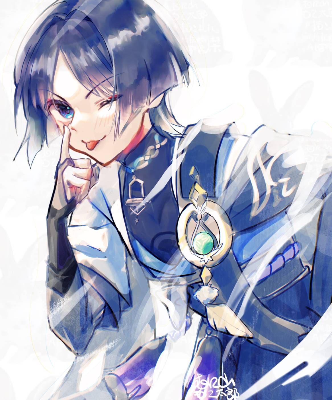 1boy, :p, akanbe, amoebozoa, anemo_symbol_(genshin_impact), aqua_gemstone, armor, black_bodysuit, black_bridal_gauntlets, black_cape, black_hair, black_sash, black_shorts, blue_eyes, blue_kimono, blunt_ends, bodysuit, bridal_gauntlets, cape, eyelashes, eyelid_pull, eyeliner, eyeshadow, feathers, finger_to_eye, furisode, gem, genshin_impact, gold, grey_sleeves, hair_intakes, highres, index_finger_raised, japanese_armor, japanese_clothes, juban, kimono, kote, kurokote, layered_sleeves, light_blush, looking_at_viewer, makeup, male_focus, mandarin_collar, multicolored_hair, one_eye_closed, open_clothes, open_kimono, pom_pom_(clothes), purple_rope, red_eyeliner, red_eyeshadow, rope, sash, scaramouche_(genshin_impact), short_sleeves, shorts, solo, streaked_hair, tassel, tongue, tongue_out, upper_body, wanderer_(genshin_impact), white_background, white_hair, white_kimono, white_sleeves, wind, yellow_feathers