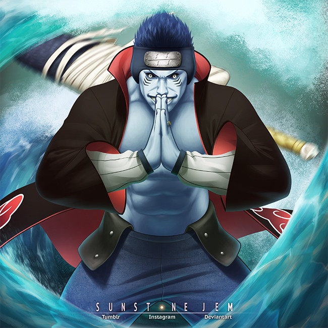 1boy, abs, akatsuki_uniform, artist_name, black_eyes, black_hair, blue_hair, blue_skin