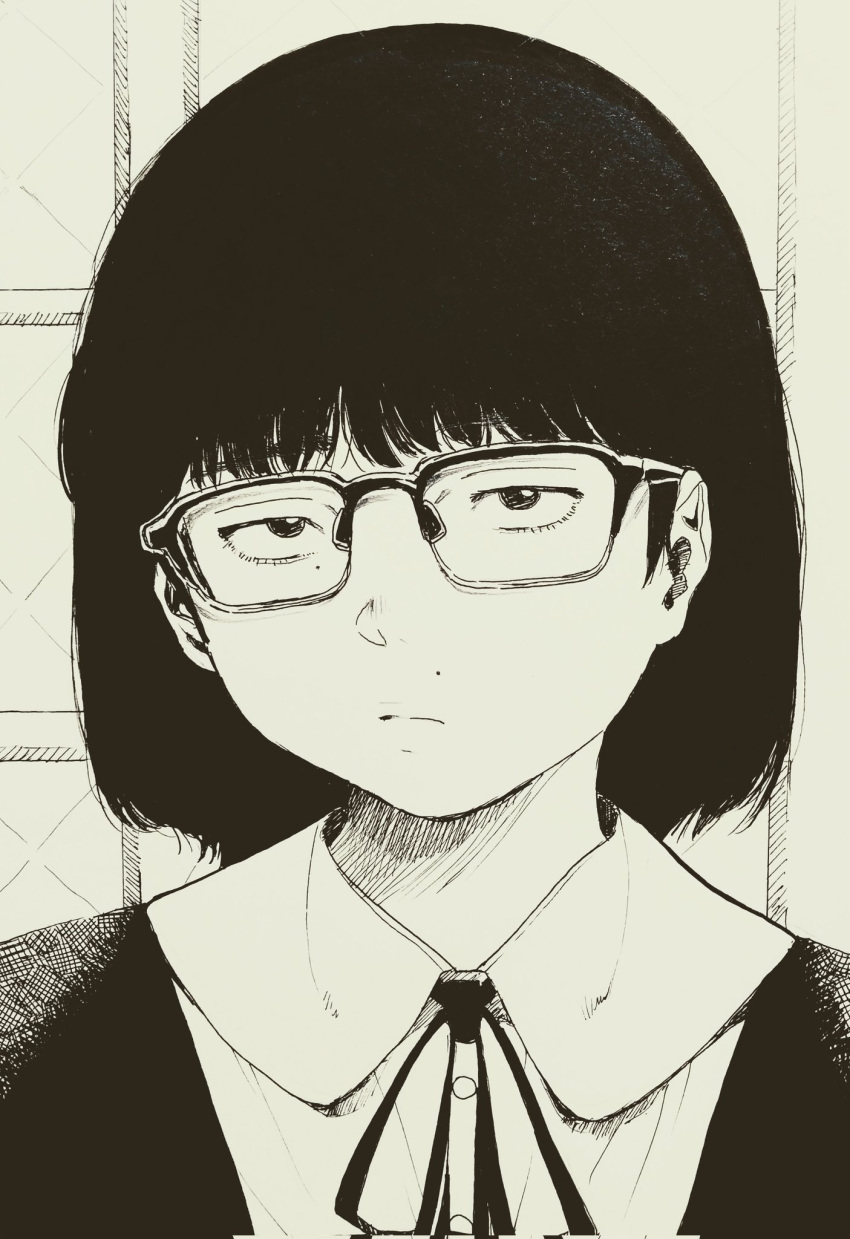 1girl, bow, bowtie, glasses, greyscale, highres, jimiko, marker_(medium), medium_hair, misaki_toji, mole, mole_above_mouth, mole_under_eye, monochrome, original, portrait, school_uniform, sepia, traditional_media, white_background