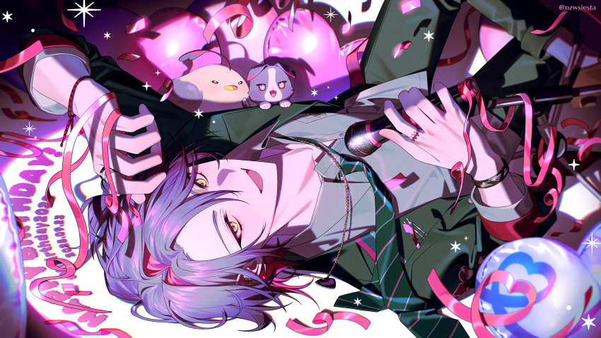 1boy, absurdres, balloon, black_jacket, bracelet, grey_shirt, hair_between_eyes, hair_intakes