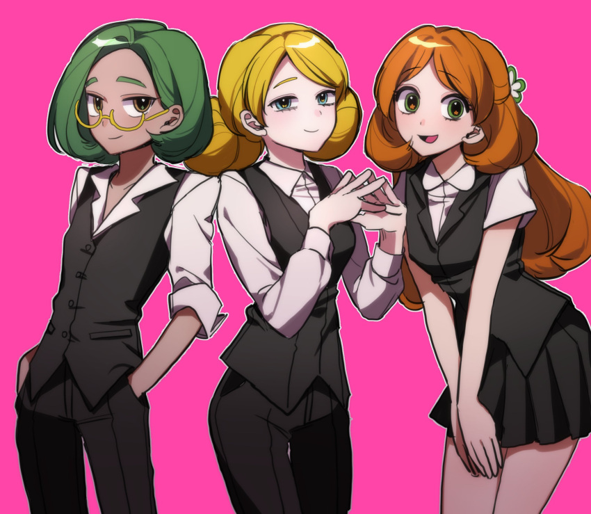 3girls, alternate_costume, black_pants, black_skirt, blonde_hair, blue_eyes, brown_hair, closed_mouth