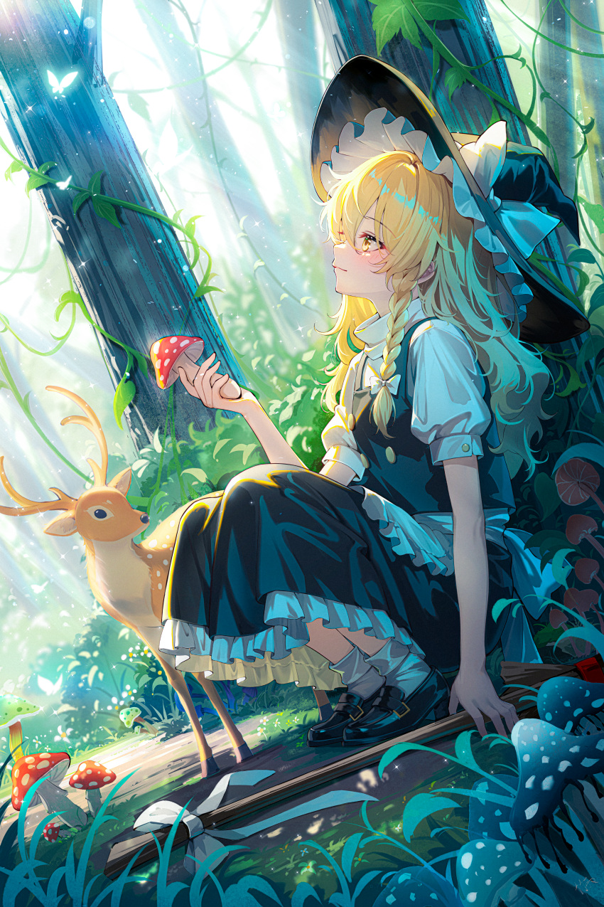 1girl, absurdres, apron, black_hat, black_shoes, black_skirt, black_vest, blonde_hair