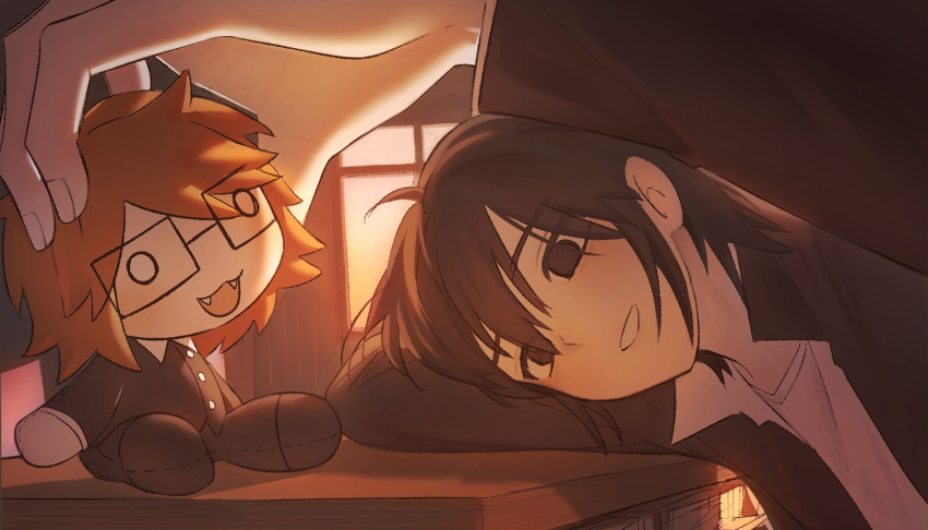 2boys, brown_eyes, brown_hair, character_doll, classroom, commentary, desk, doll