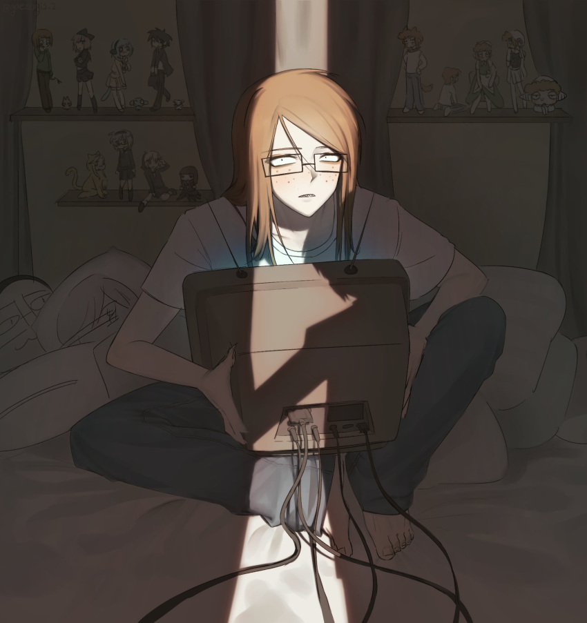 2boys, aged_up, avalona, bed, brown_hair, character_doll, constricted_pupils, crack_of_light