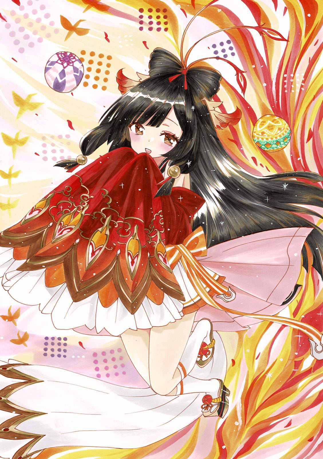 1girl, azur_lane, ball, black_hair, blush, bow, brown_eyes, dress